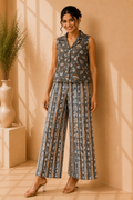 Women's Cotton Printed Sleeveless Shirt Top & Wide Leg Palazzo Co-Ord Set – Vintage Slate Floral