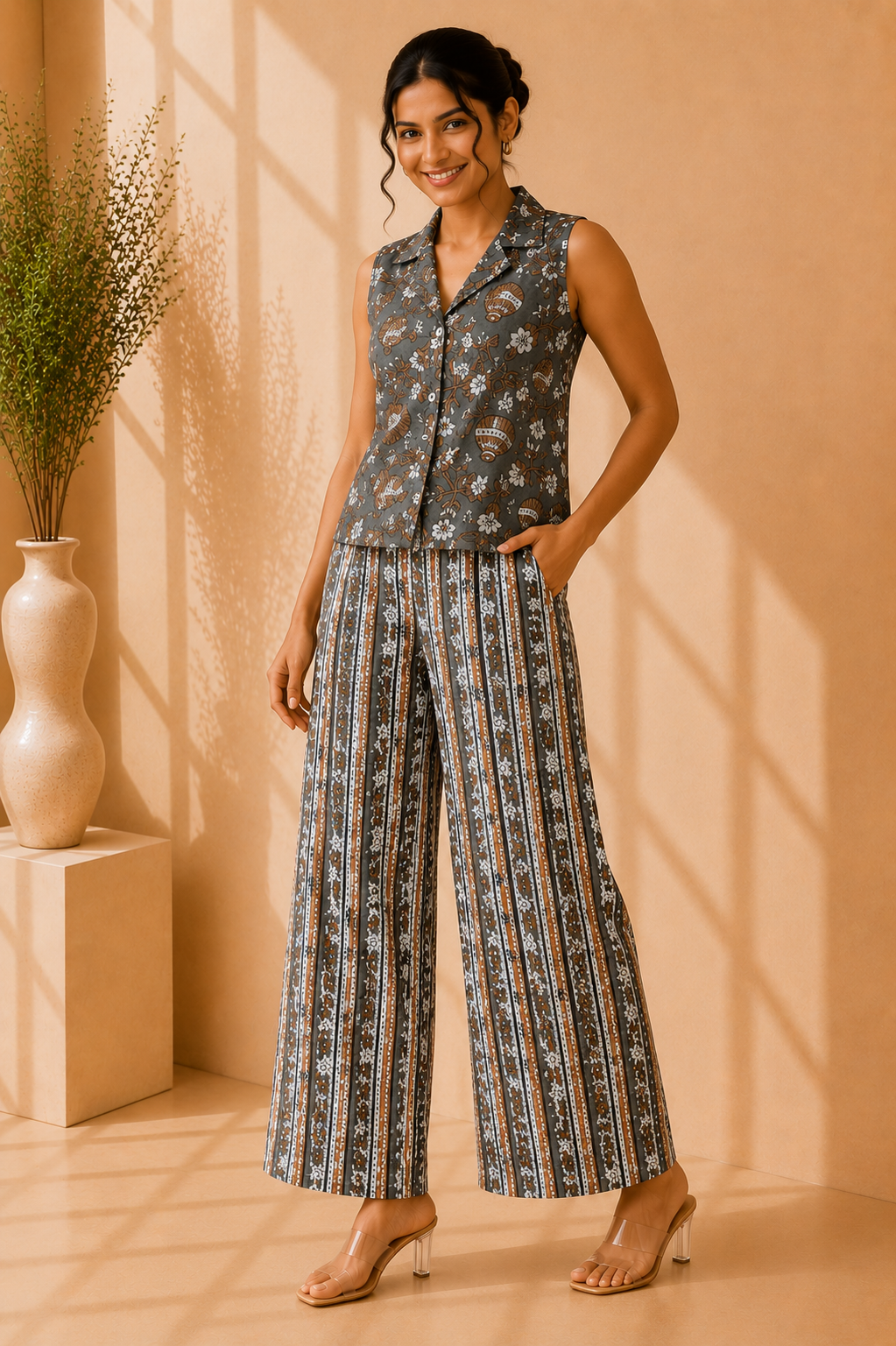 Women's Cotton Printed Sleeveless Shirt Top & Wide Leg Palazzo Co-Ord Set – Vintage Slate Floral