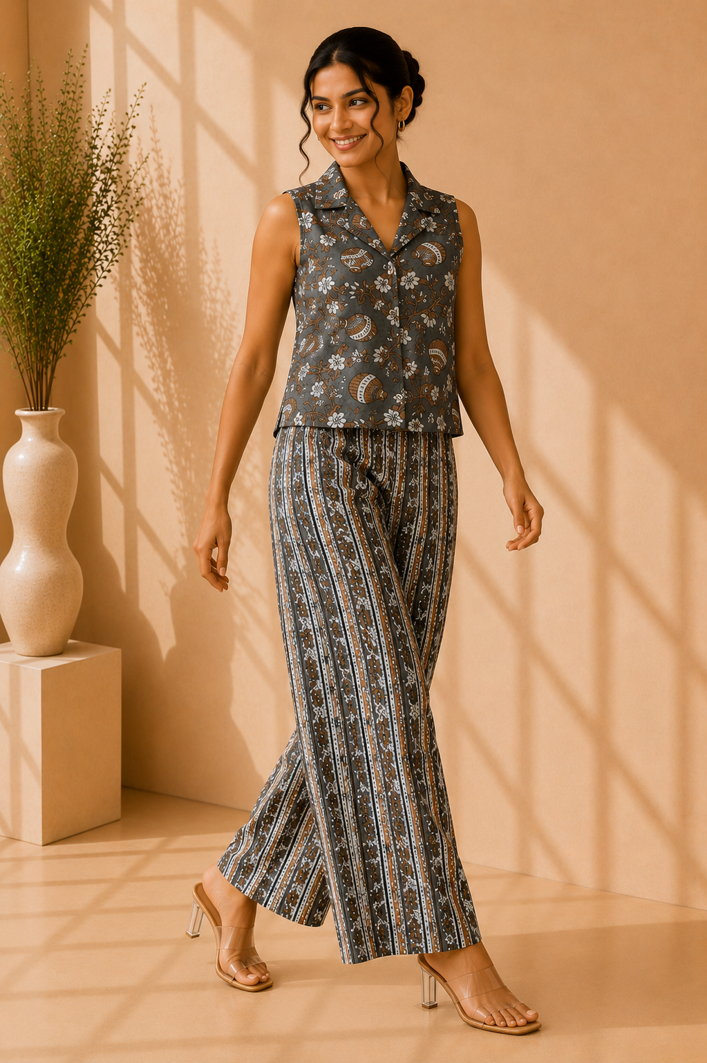 Women's Cotton Printed Sleeveless Shirt Top & Wide Leg Palazzo Co-Ord Set – Vintage Slate Floral