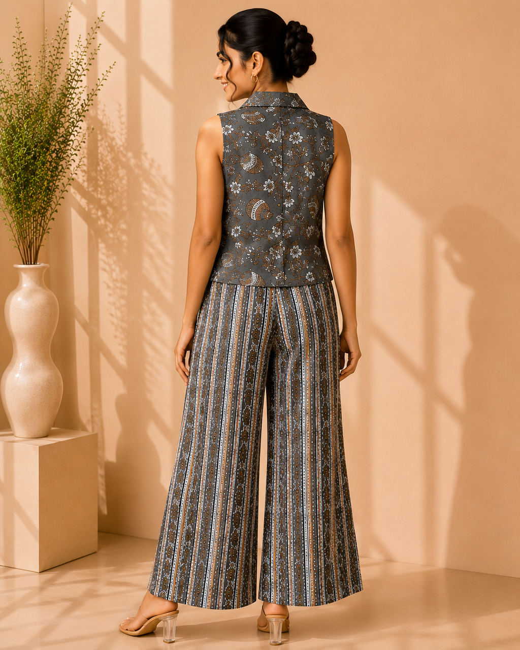 Women's Cotton Printed Sleeveless Shirt Top & Wide Leg Palazzo Co-Ord Set – Vintage Slate Floral