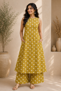 Printed Cotton Sleeveless A-Line Kurta & Straight Palazzo Set – Golden Blossom