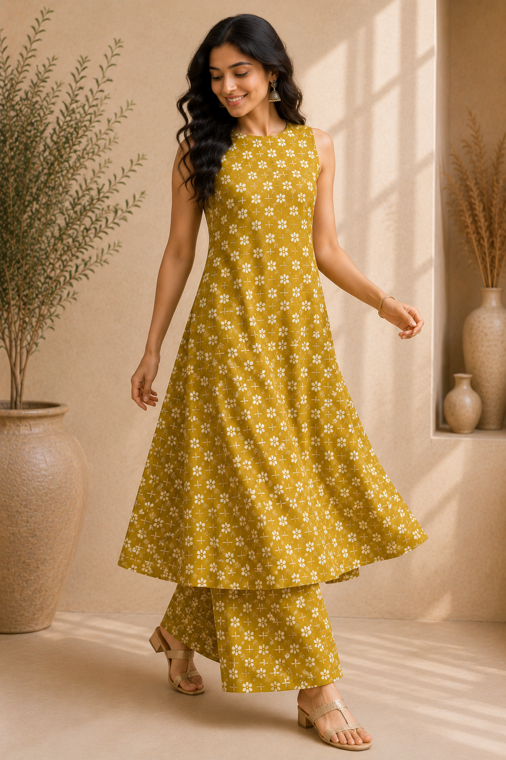 Printed Cotton Sleeveless A-Line Kurta & Straight Palazzo Set – Golden Blossom