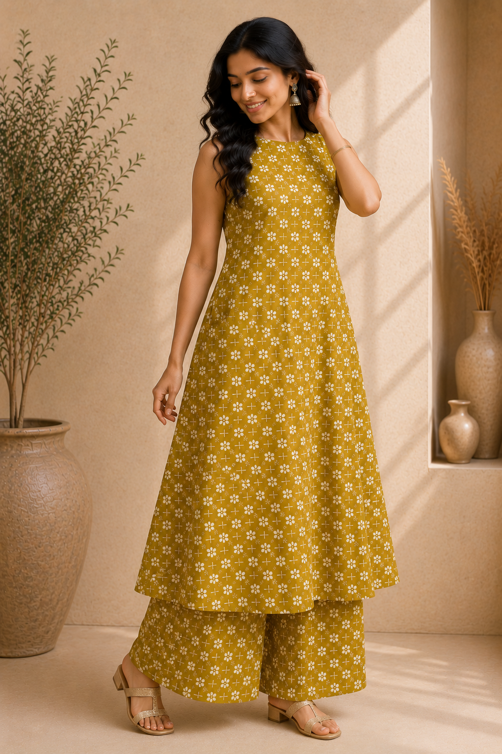 Printed Cotton Sleeveless A-Line Kurta & Straight Palazzo Set – Golden Blossom