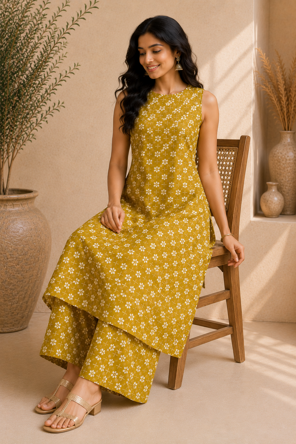 Printed Cotton Sleeveless A-Line Kurta & Straight Palazzo Set – Golden Blossom