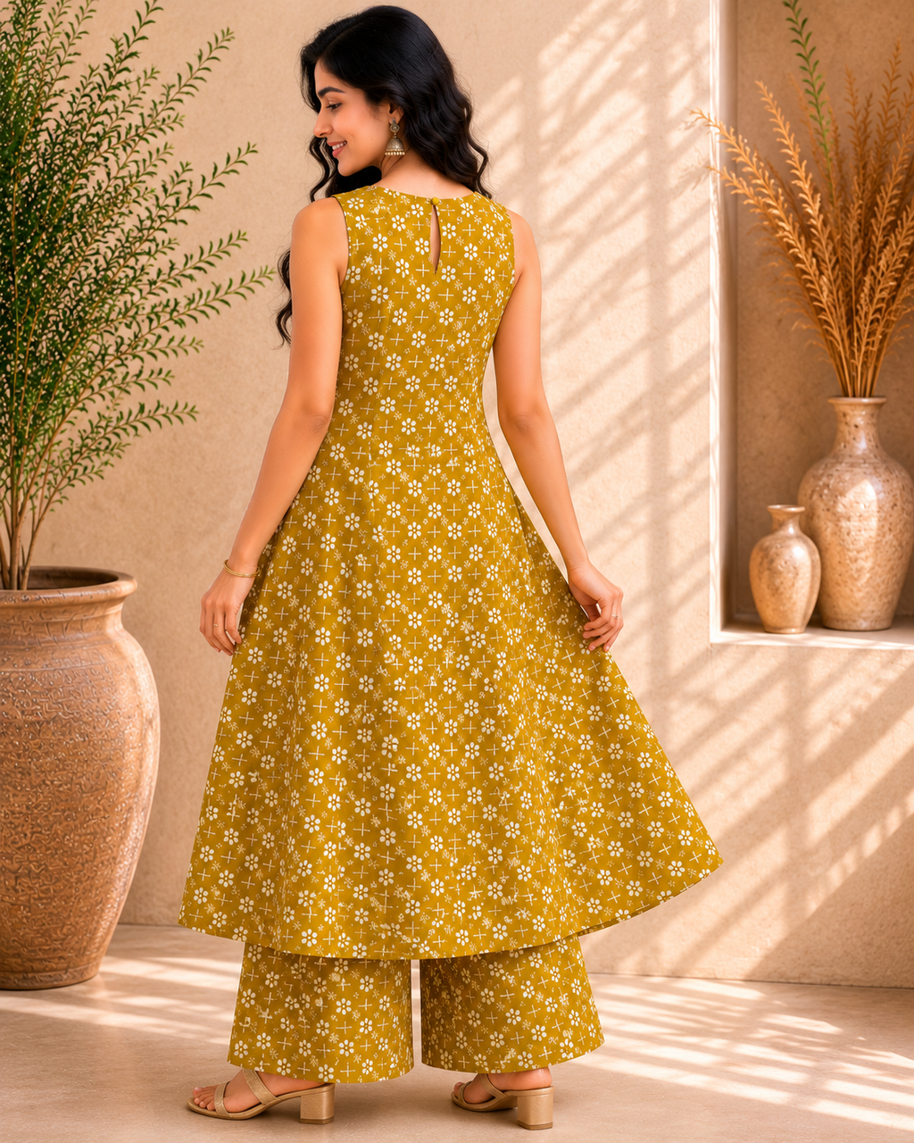 Printed Cotton Sleeveless A-Line Kurta & Straight Palazzo Set – Golden Blossom
