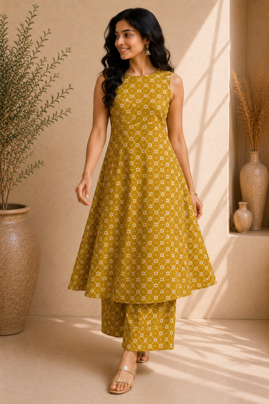 Printed Cotton Sleeveless A-Line Kurta & Straight Palazzo Set – Golden Blossom