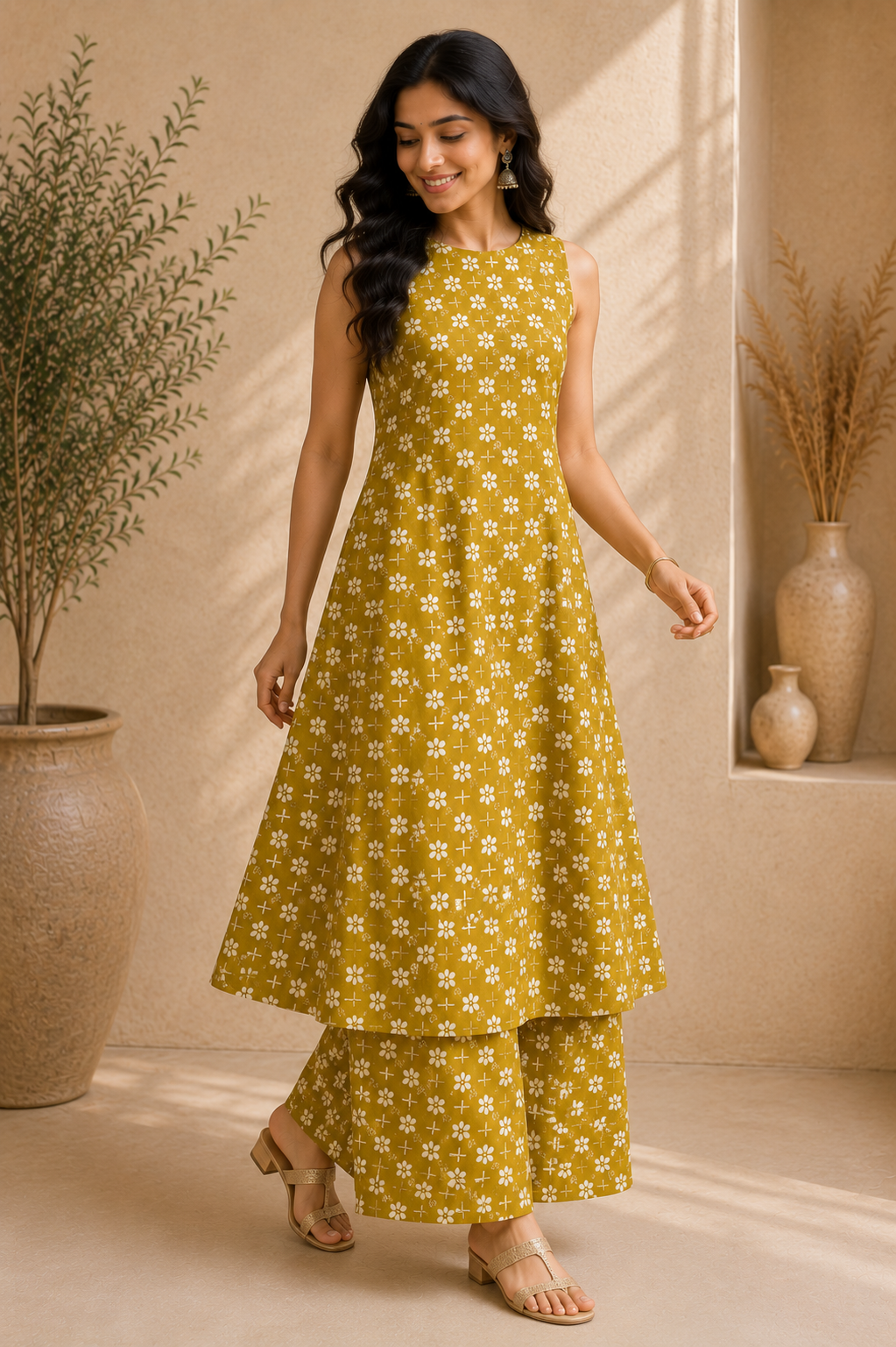 Printed Cotton Sleeveless A-Line Kurta & Straight Palazzo Set – Golden Blossom