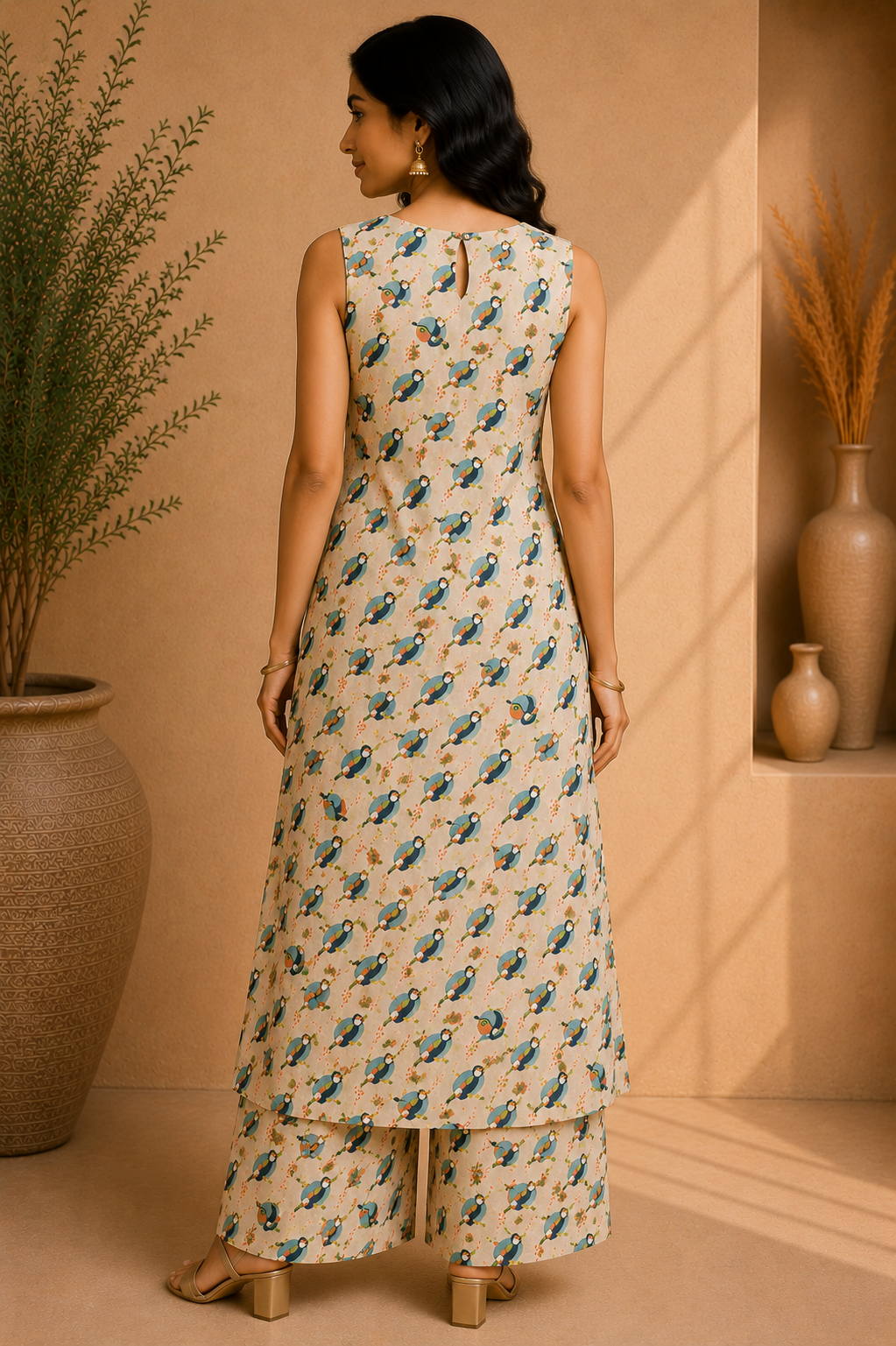Printed Cotton Sleeveless A-Line Kurta & Straight Palazzo Set – Meadow Songbird