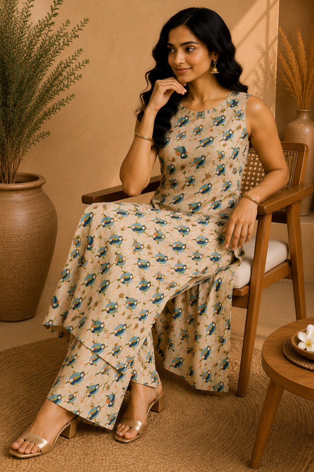 Printed Cotton Sleeveless A-Line Kurta & Straight Palazzo Set – Meadow Songbird