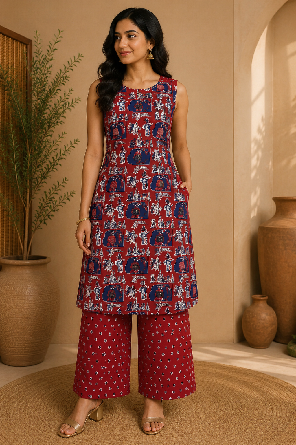 Printed Cotton Sleeveless A-Line Kurta & Straight Palazzo Set – Crimson Heritage