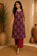Printed Cotton Sleeveless A-Line Kurta & Straight Palazzo Set – Crimson Heritage
