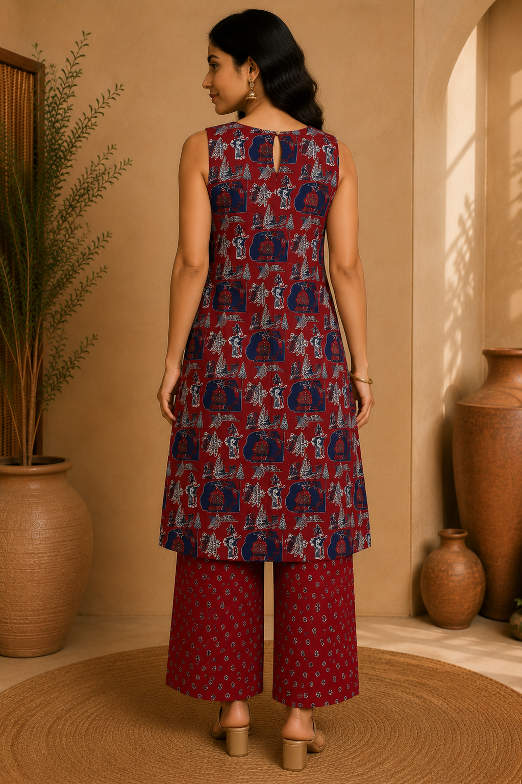 Printed Cotton Sleeveless A-Line Kurta & Straight Palazzo Set – Crimson Heritage
