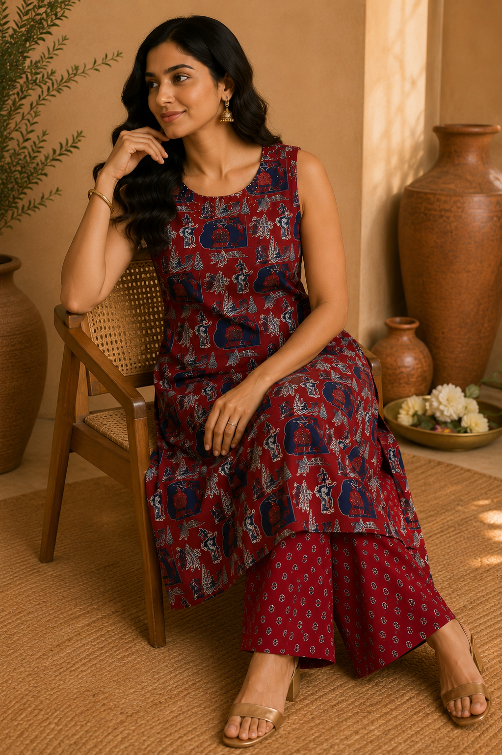 Printed Cotton Sleeveless A-Line Kurta & Straight Palazzo Set – Crimson Heritage