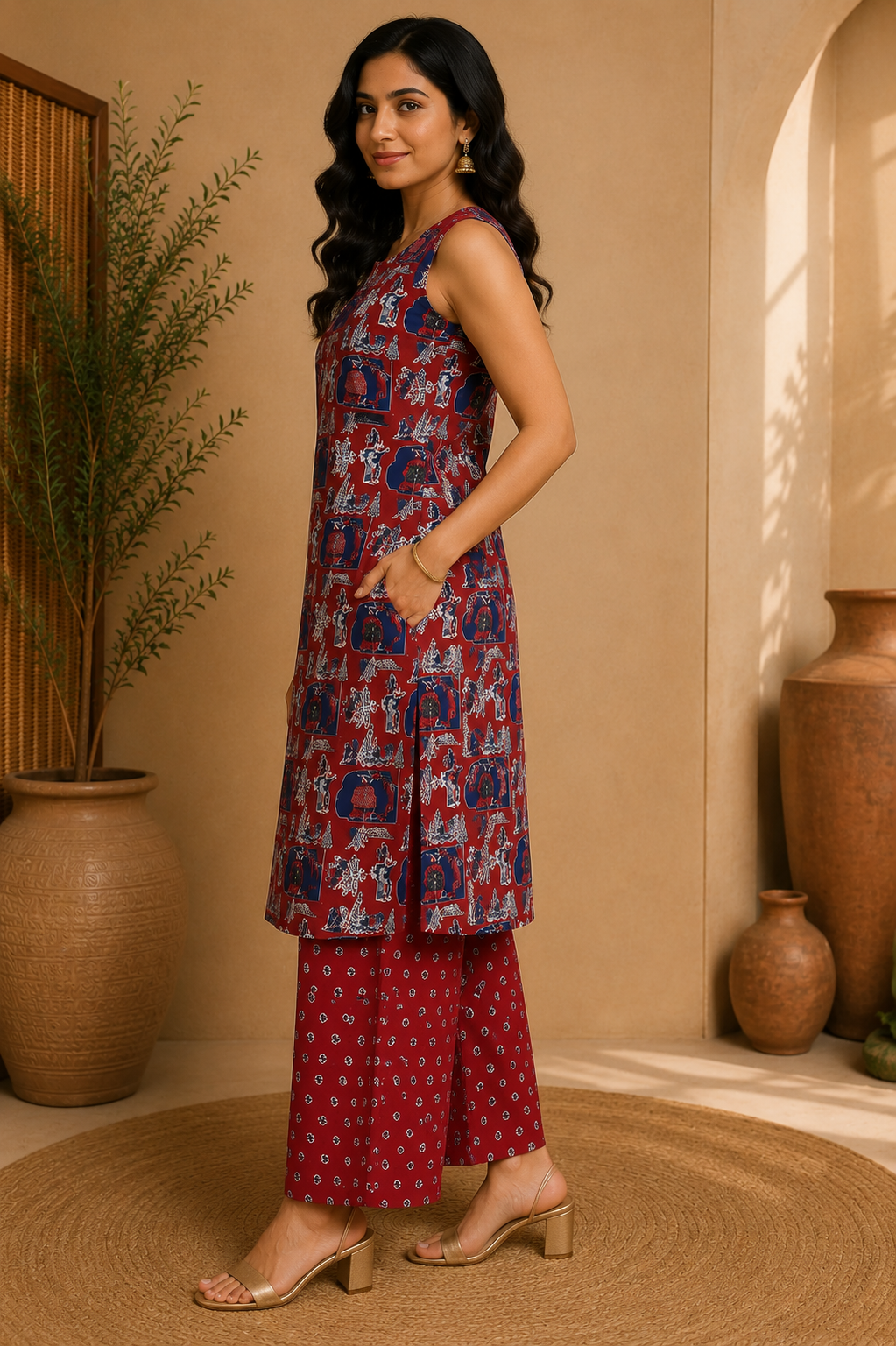 Printed Cotton Sleeveless A-Line Kurta & Straight Palazzo Set – Crimson Heritage