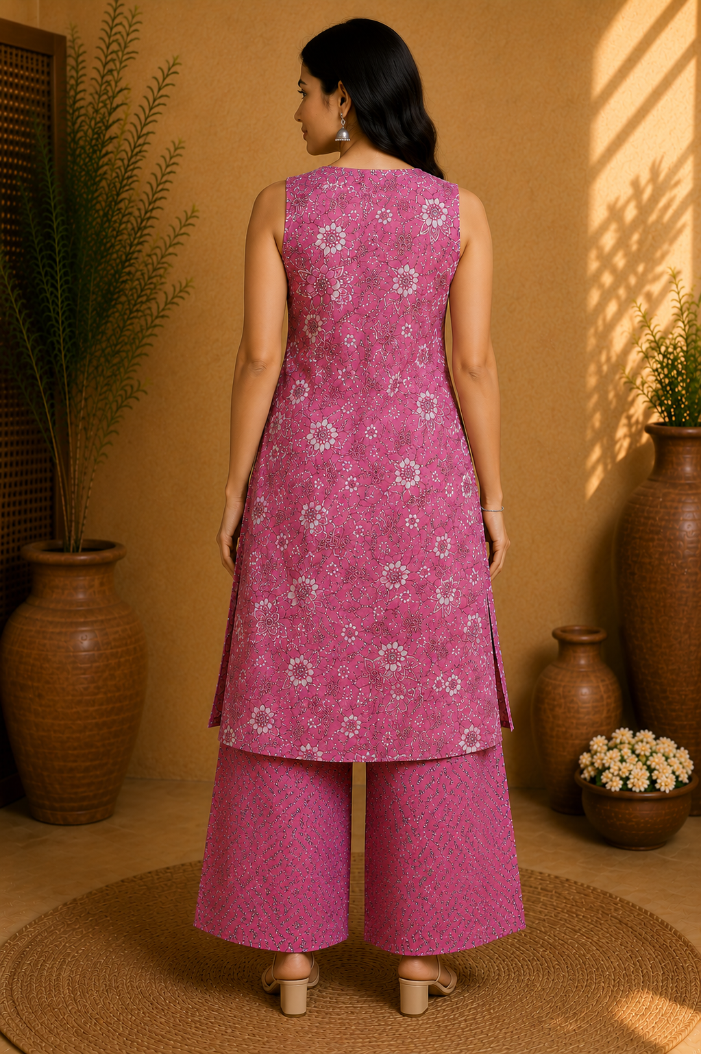 Printed Cotton Sleeveless A-Line Kurta & Straight Palazzo Set – Blush Petals