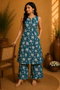 Printed Cotton Sleeveless A-Line Kurta & Straight Palazzo Set – Teal Blossom