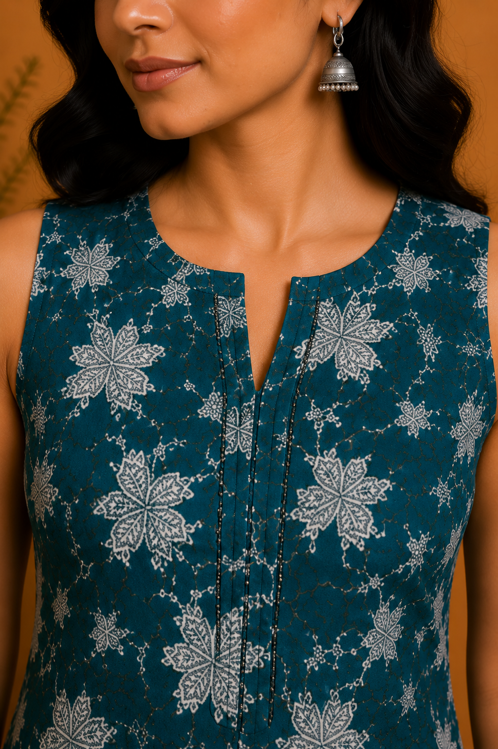 Printed Cotton Sleeveless A-Line Kurta & Straight Palazzo Set – Teal Blossom