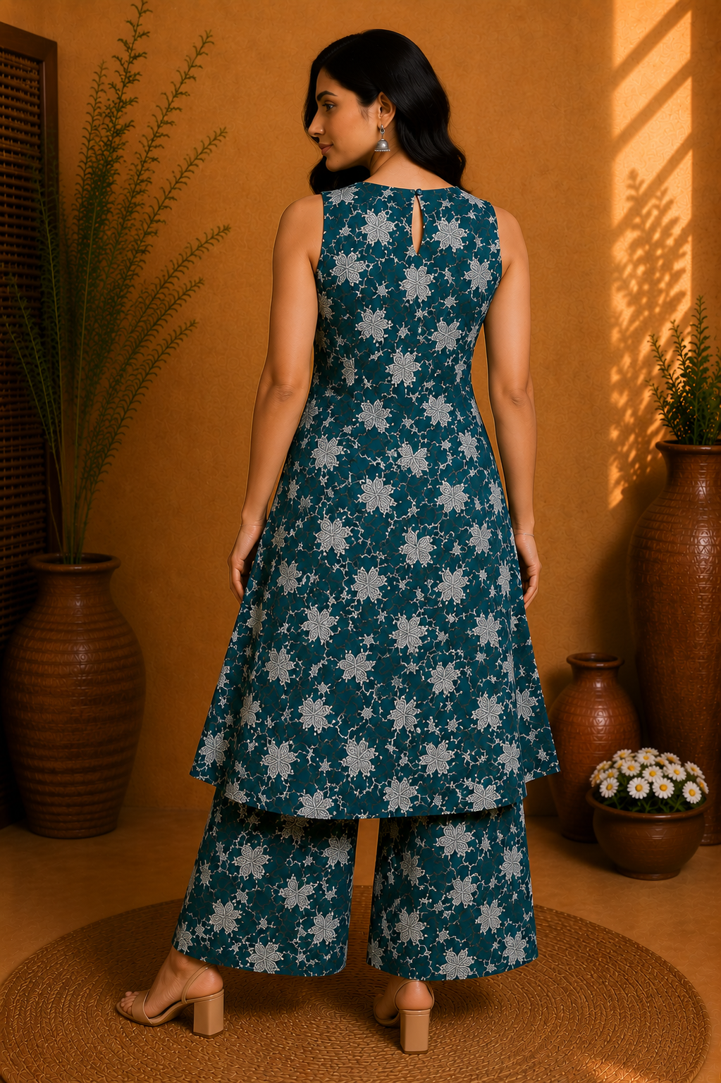 Printed Cotton Sleeveless A-Line Kurta & Straight Palazzo Set – Teal Blossom