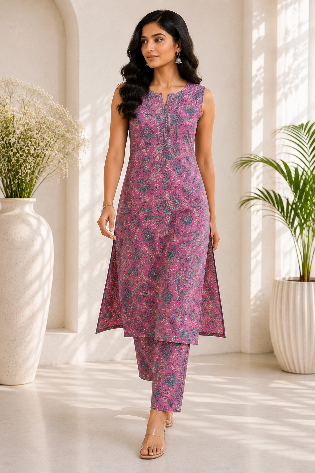 Printed Cotton Sleeveless A-Line Kurta & Straight Palazzo Set – Rose Garden