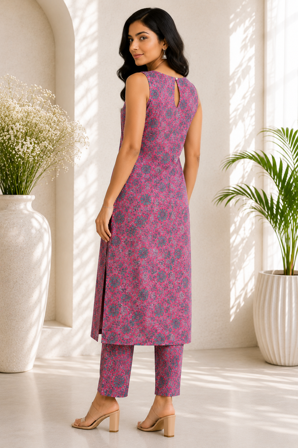 Printed Cotton Sleeveless A-Line Kurta & Straight Palazzo Set – Rose Garden