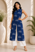 Printed Cotton Sleeveless Front Open Kurta & Straight White Palazzo Set – Midnight Pedals