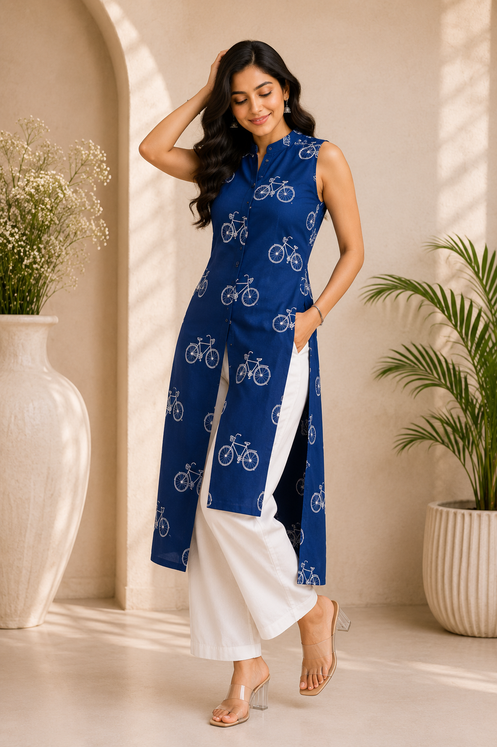 Printed Cotton Sleeveless Front Open Kurta & Straight White Palazzo Set – Midnight Pedals