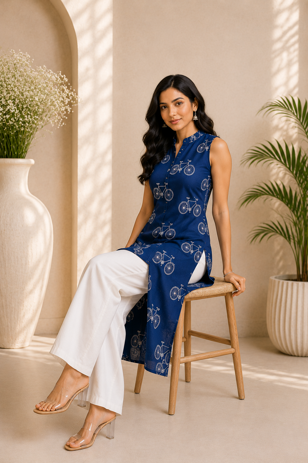 Printed Cotton Sleeveless Front Open Kurta & Straight White Palazzo Set – Midnight Pedals