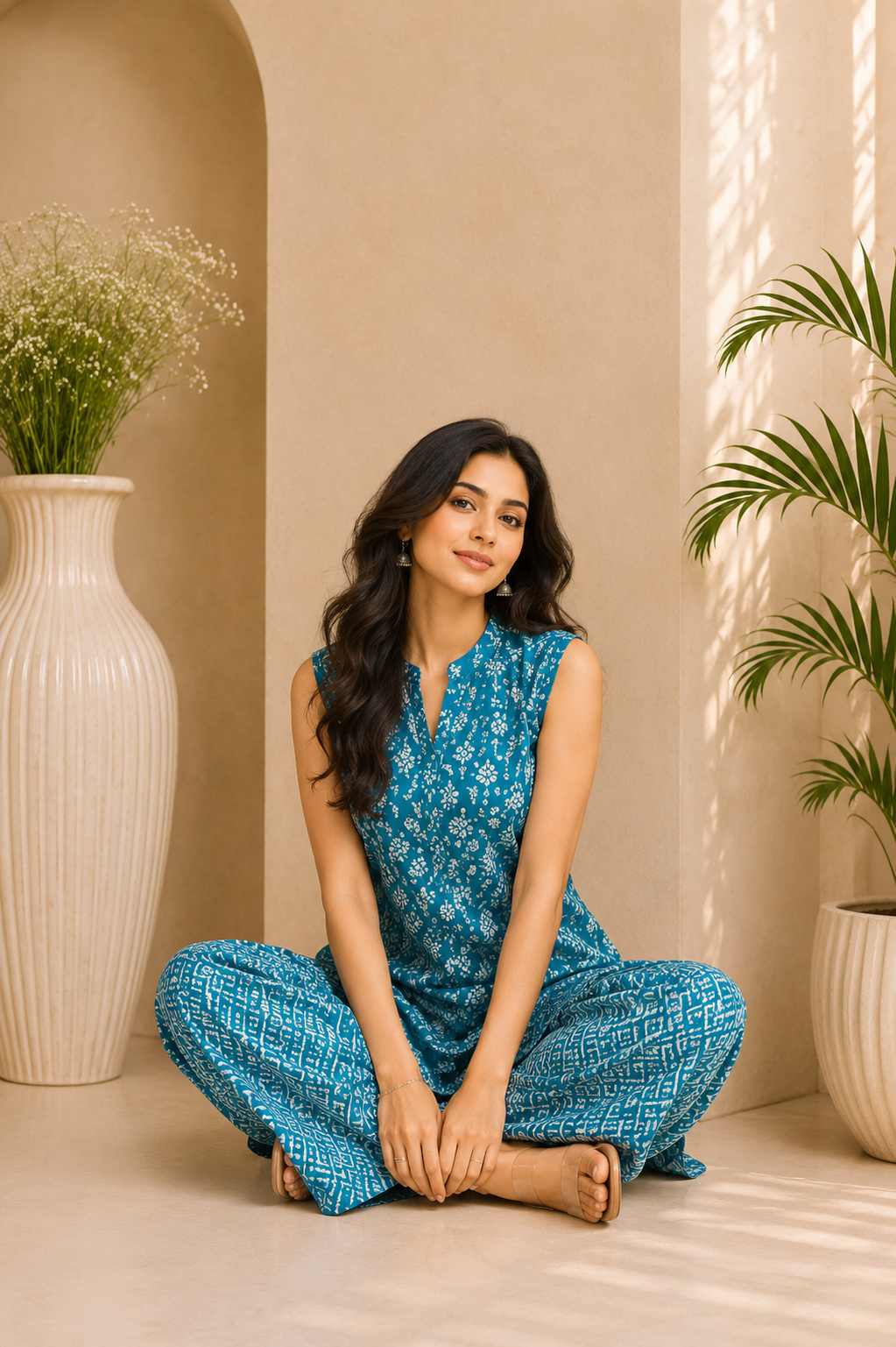 Printed Cotton Sleeveless Overlap A-Line Kurta & Straight Palazzo Set – Azure Daisy