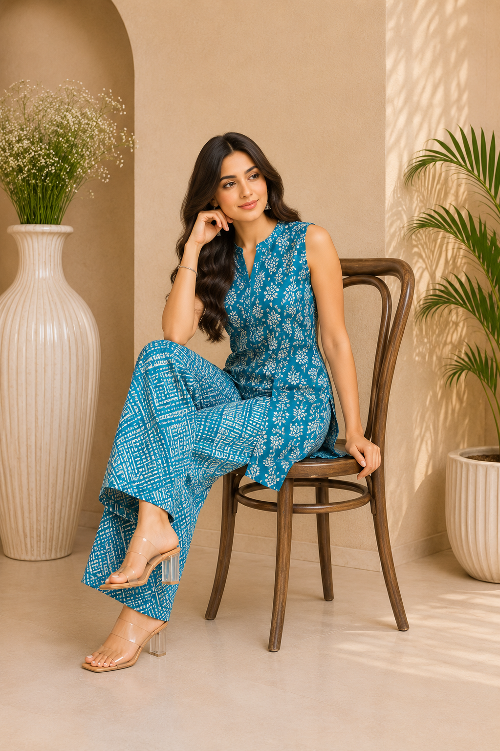 Printed Cotton Sleeveless Overlap A-Line Kurta & Straight Palazzo Set – Azure Daisy