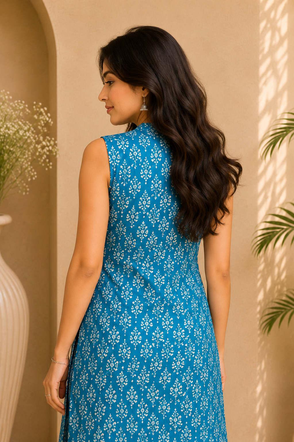 Printed Cotton Sleeveless Overlap A-Line Kurta & Straight Palazzo Set – Azure Daisy