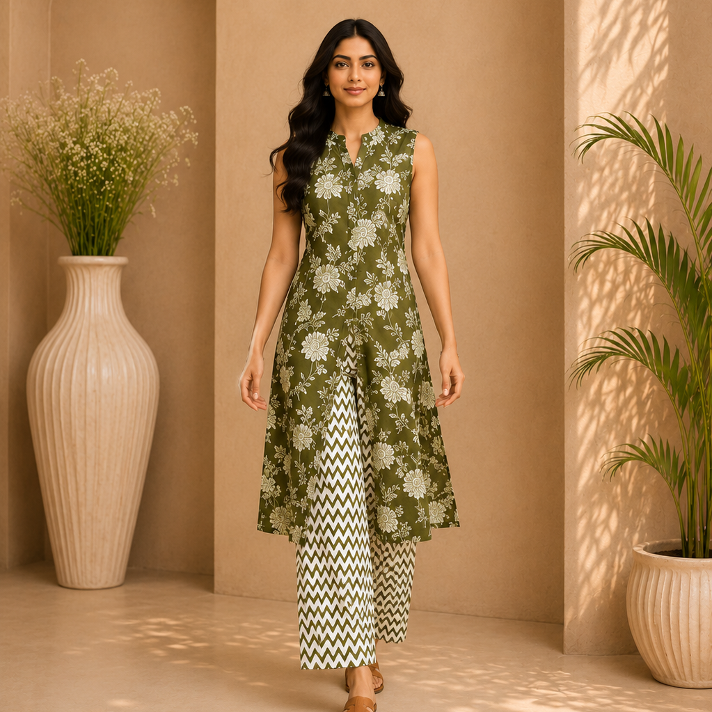 Printed Cotton Sleeveless Front Open Kurta & Straight Palazzo Set – Olive Meadow