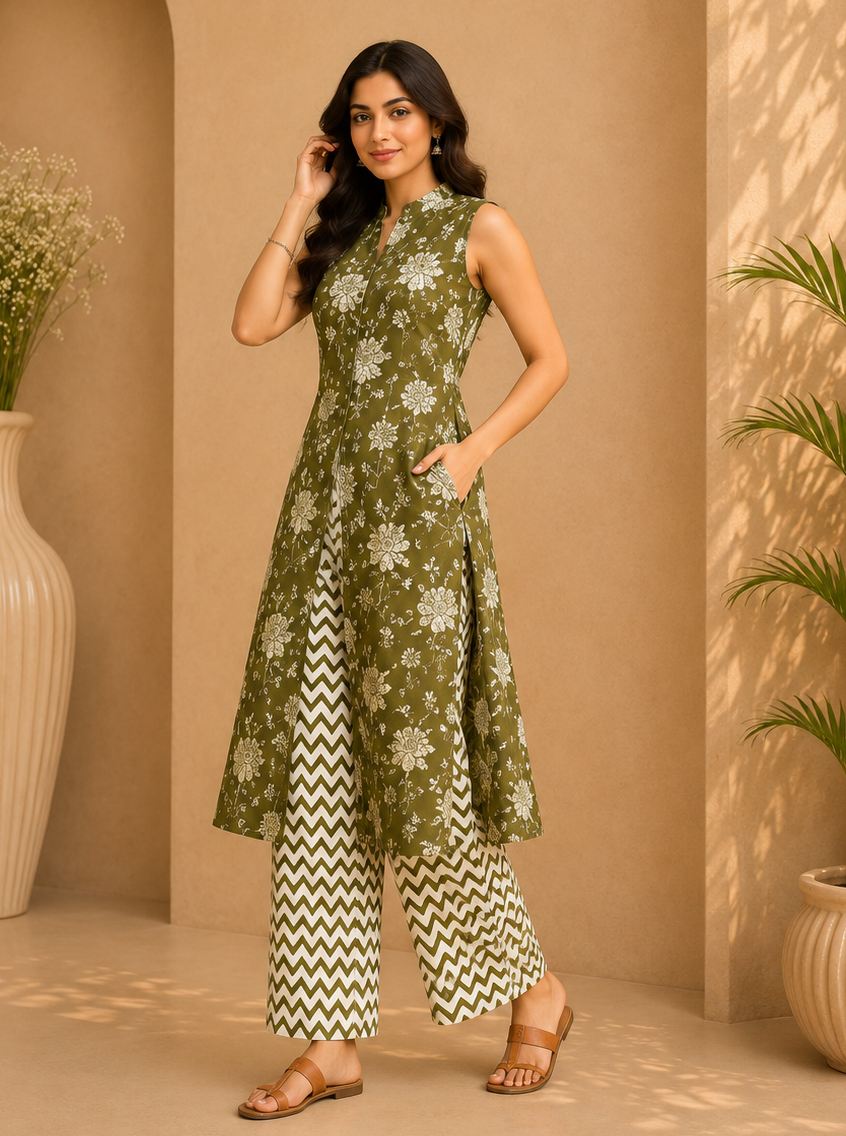 Printed Cotton Sleeveless Front Open Kurta & Straight Palazzo Set – Olive Meadow
