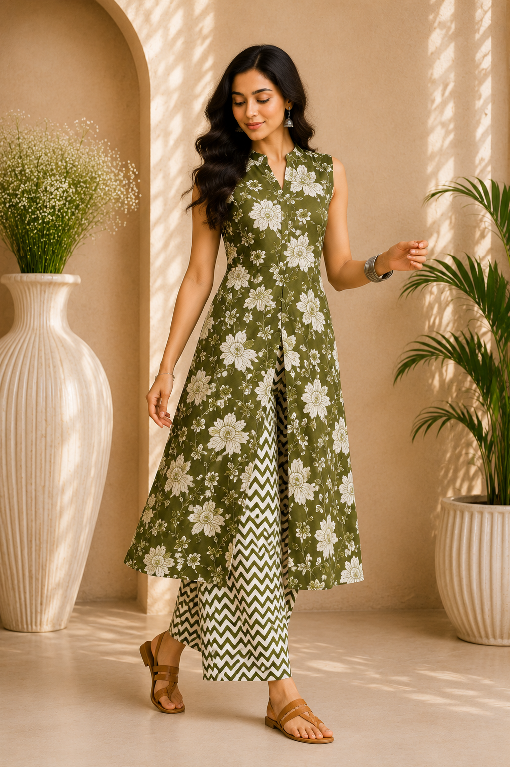 Printed Cotton Sleeveless Front Open Kurta & Straight Palazzo Set – Olive Meadow