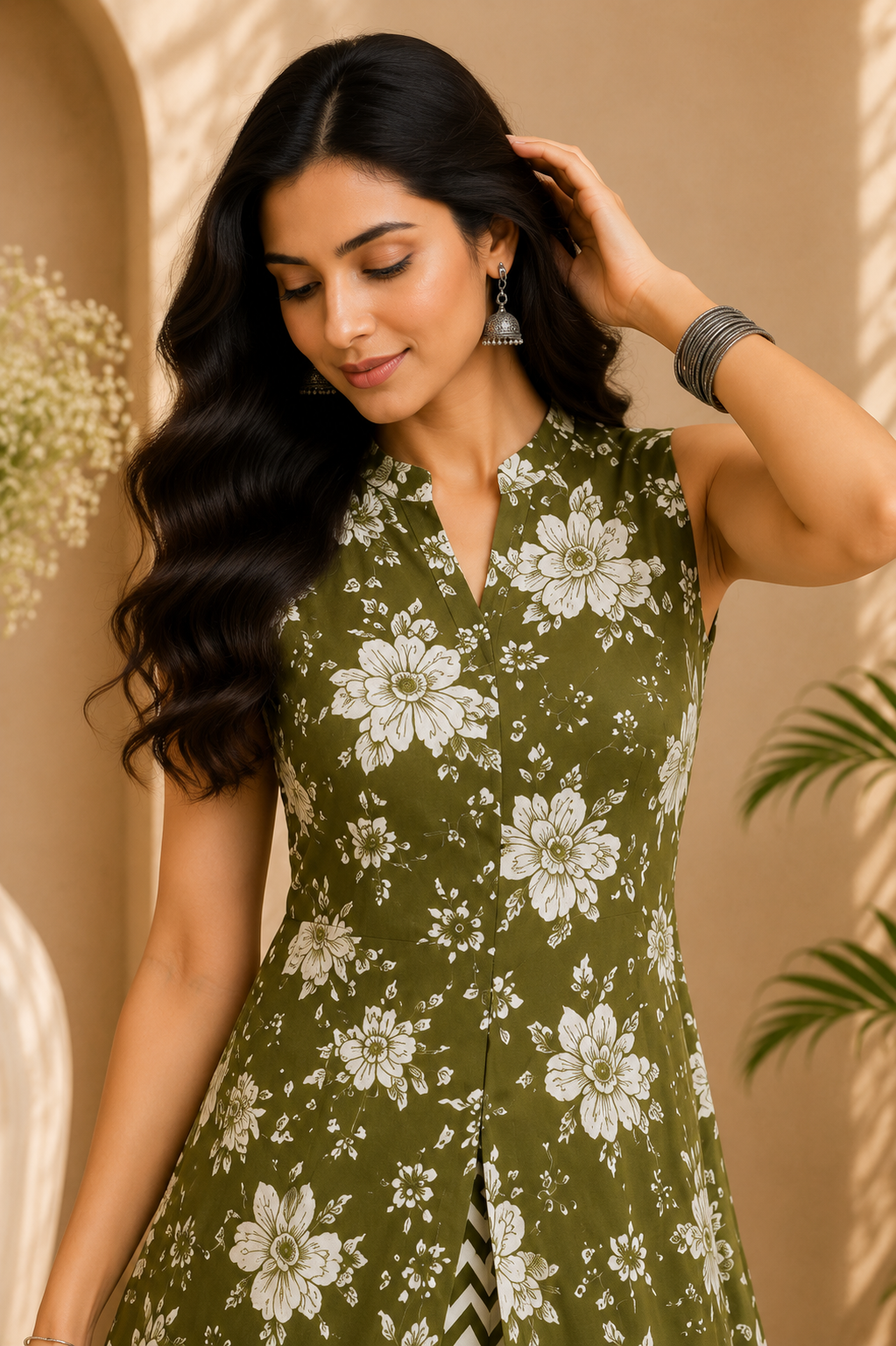 Printed Cotton Sleeveless Front Open Kurta & Straight Palazzo Set – Olive Meadow
