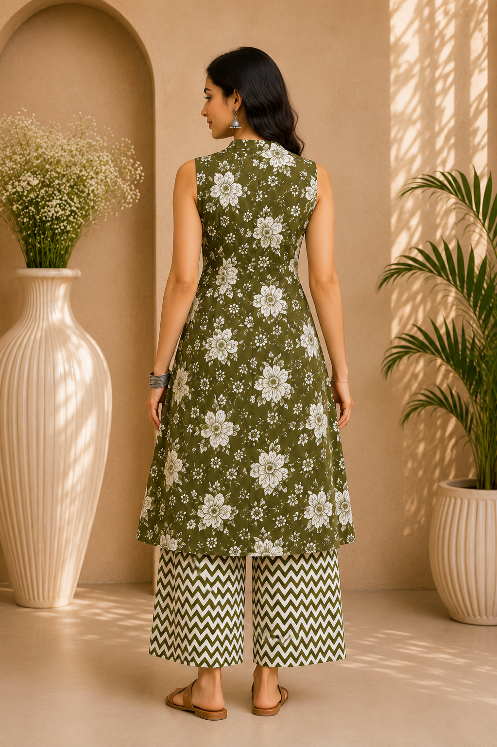 Printed Cotton Sleeveless Front Open Kurta & Straight Palazzo Set – Olive Meadow