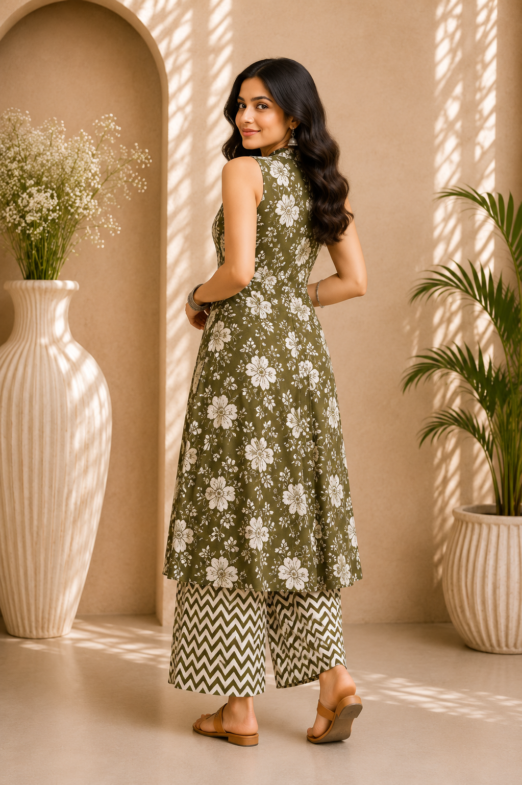 Printed Cotton Sleeveless Front Open Kurta & Straight Palazzo Set – Olive Meadow