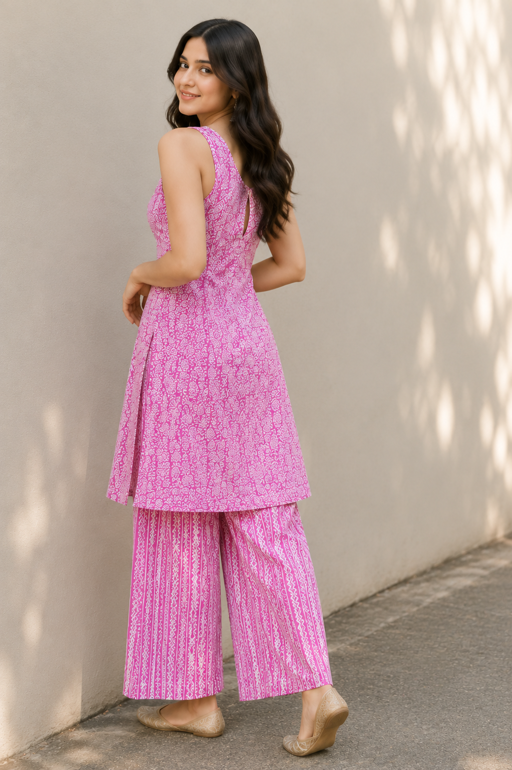 Printed Cotton Sleeveless A-Line Kurta & Straight Palazzo Set – Pink Petal Charm