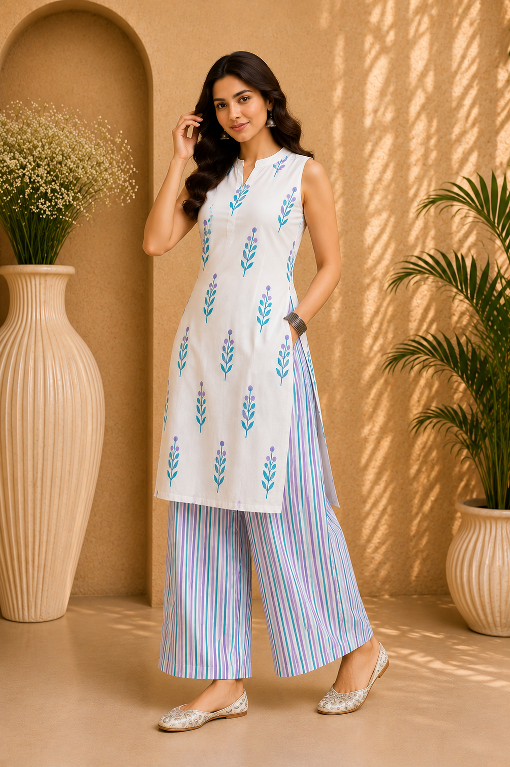 Printed Cotton Sleeveless Straight Kurta & Striped Palazzo Set – Lavender Breeze