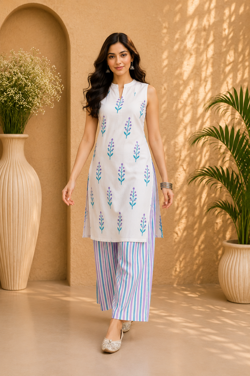 Printed Cotton Sleeveless Straight Kurta & Striped Palazzo Set – Lavender Breeze