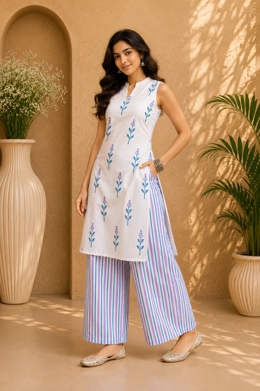 Printed Cotton Sleeveless Straight Kurta & Striped Palazzo Set – Lavender Breeze
