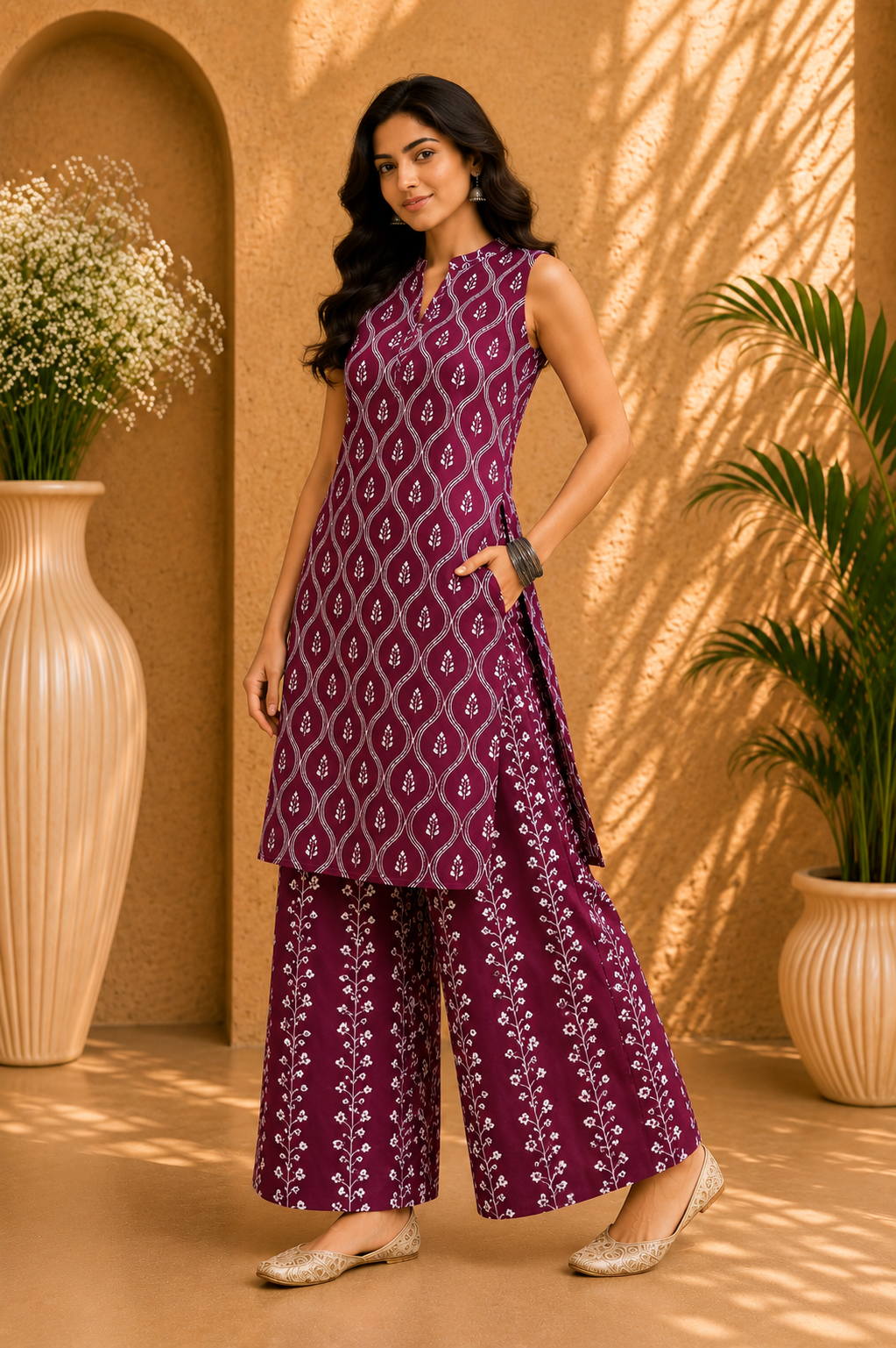 Printed Cotton Sleeveless Straight Kurta & Wide Leg Palazzo Set – Mulberry Bloom