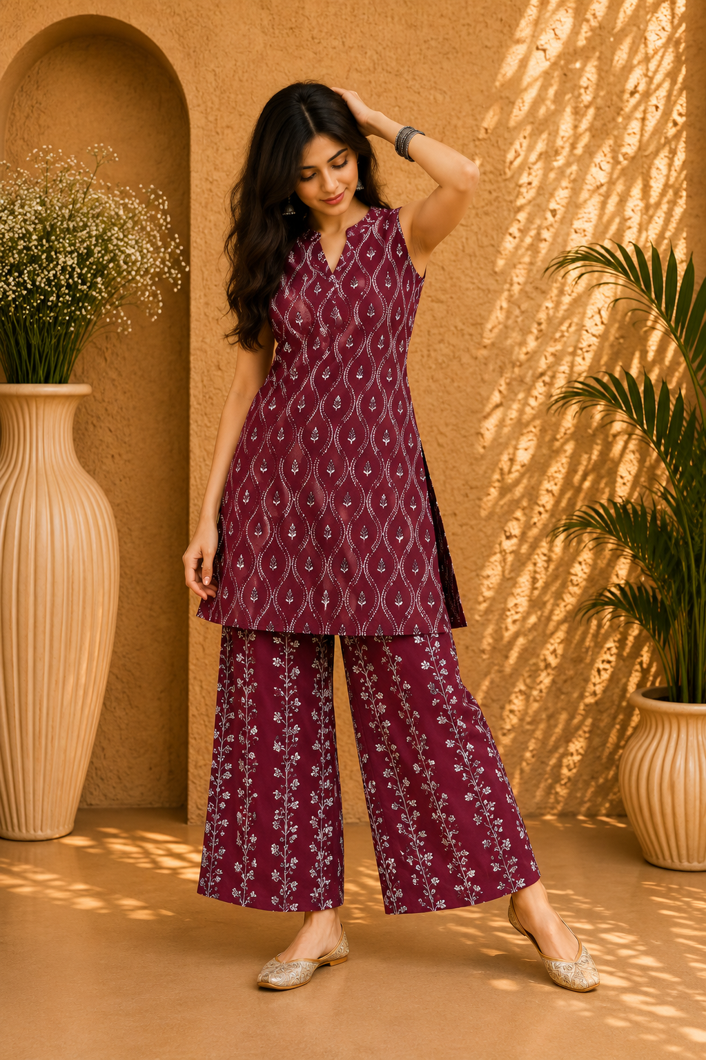Printed Cotton Sleeveless Straight Kurta & Wide Leg Palazzo Set – Mulberry Bloom