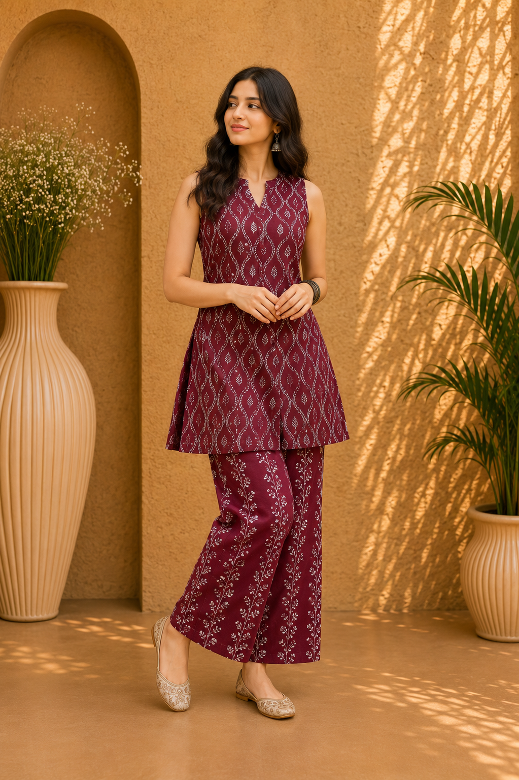 Printed Cotton Sleeveless Straight Kurta & Wide Leg Palazzo Set – Mulberry Bloom