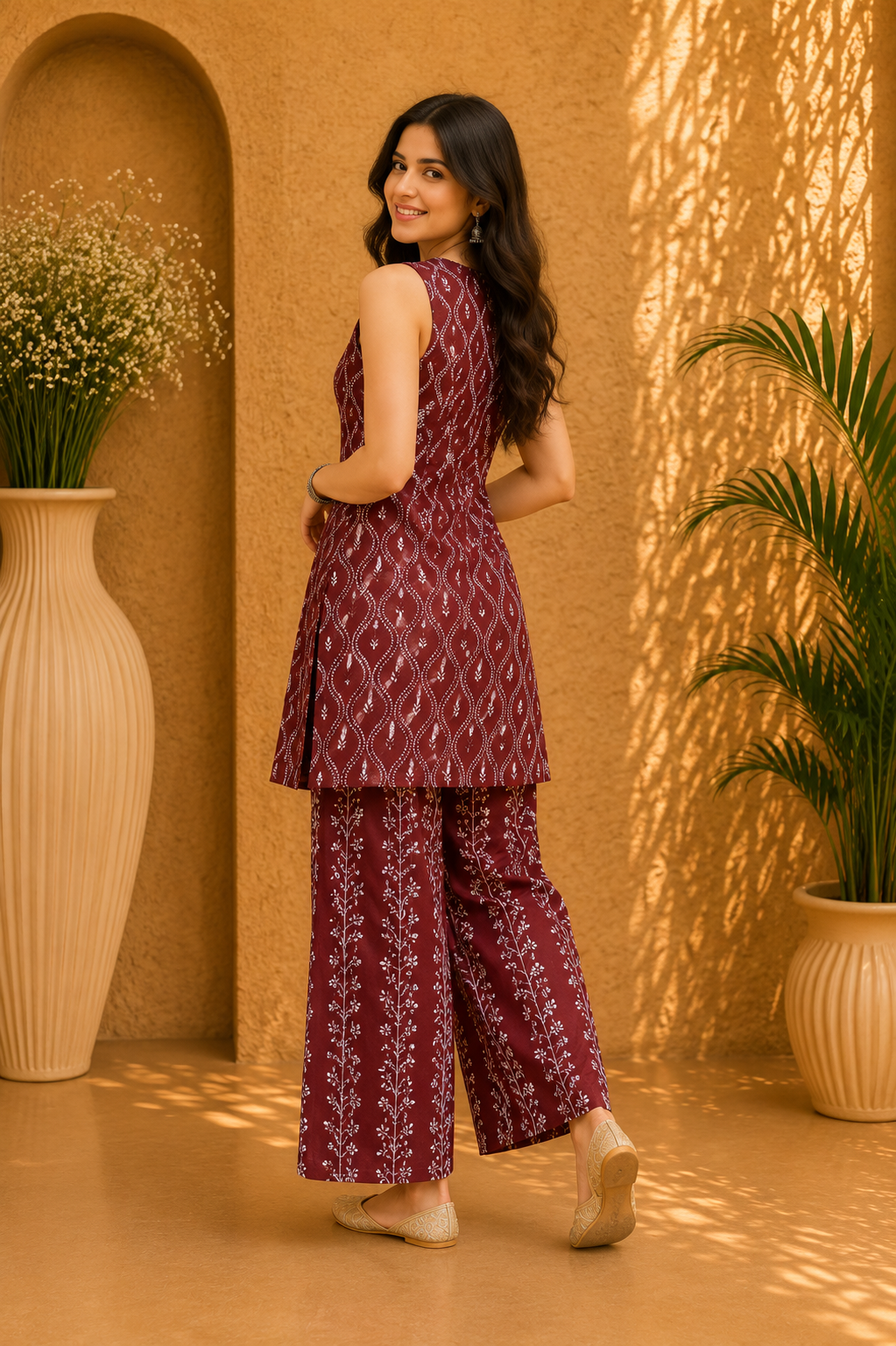 Printed Cotton Sleeveless Straight Kurta & Wide Leg Palazzo Set – Mulberry Bloom