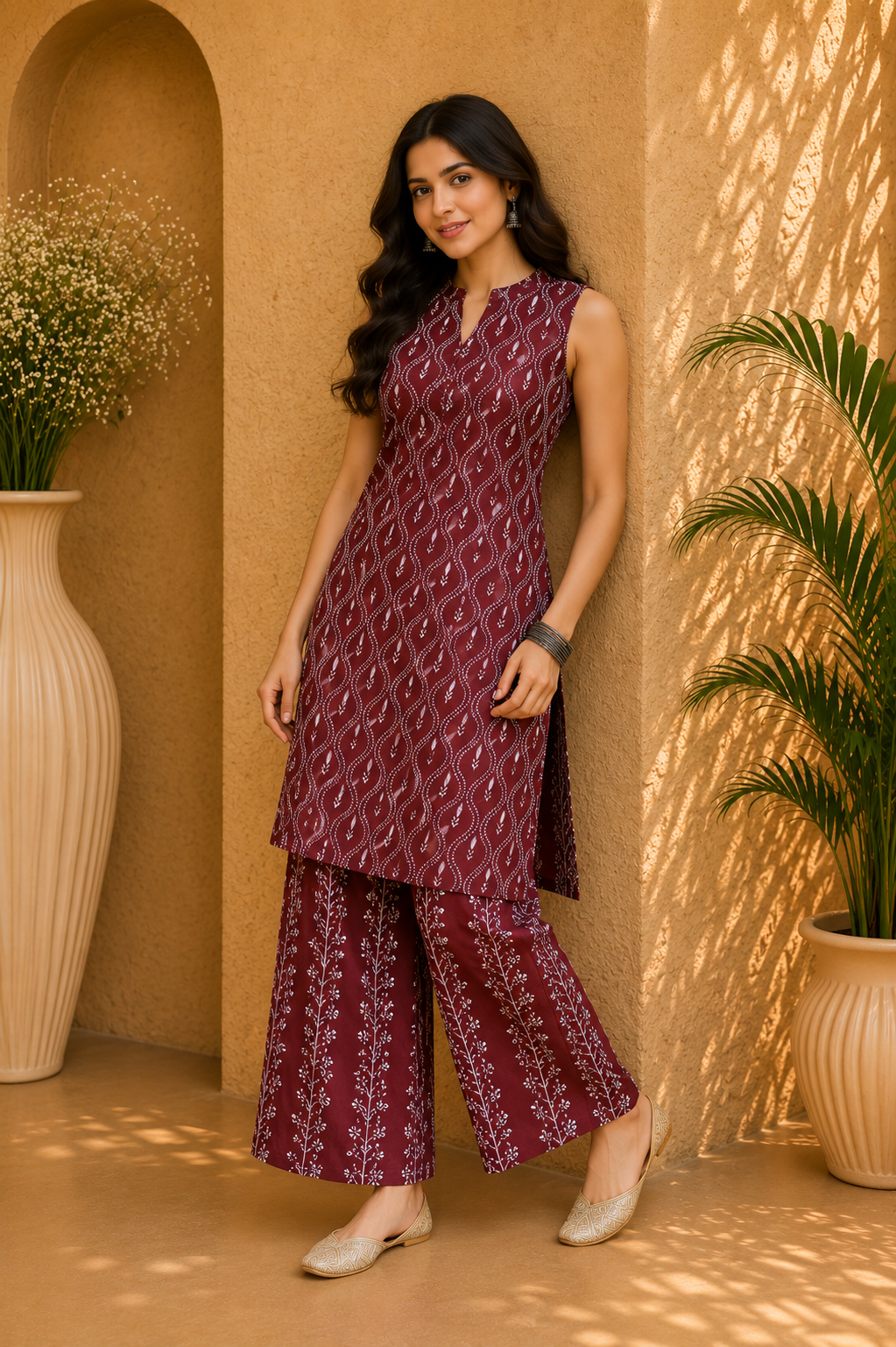 Printed Cotton Sleeveless Straight Kurta & Wide Leg Palazzo Set – Mulberry Bloom