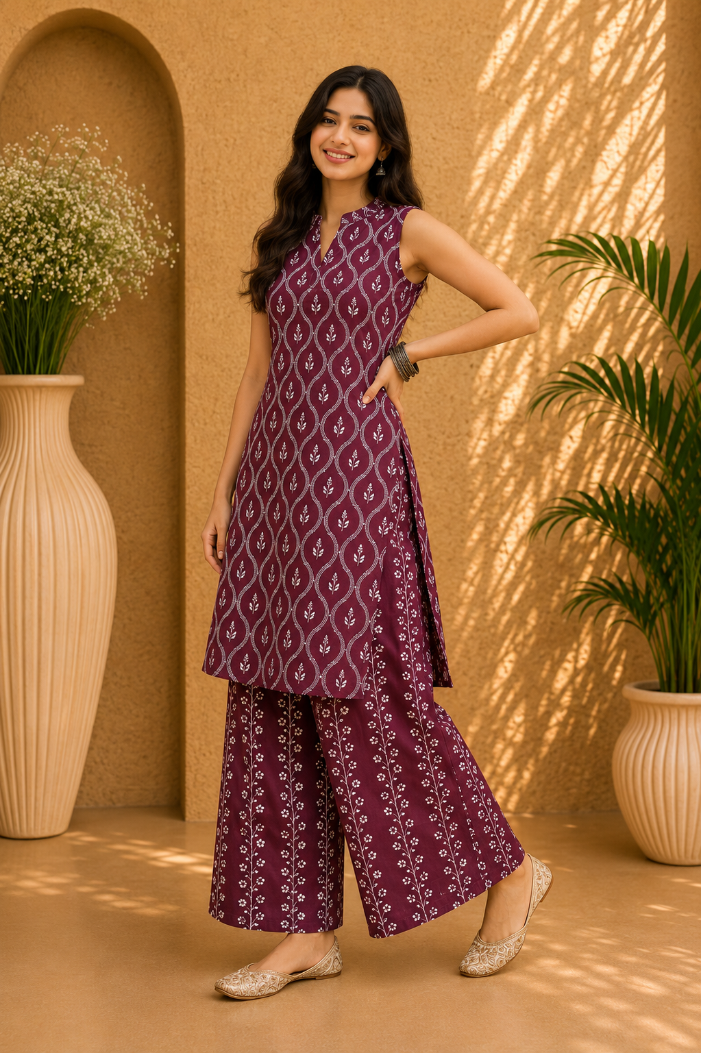 Printed Cotton Sleeveless Straight Kurta & Wide Leg Palazzo Set – Mulberry Bloom