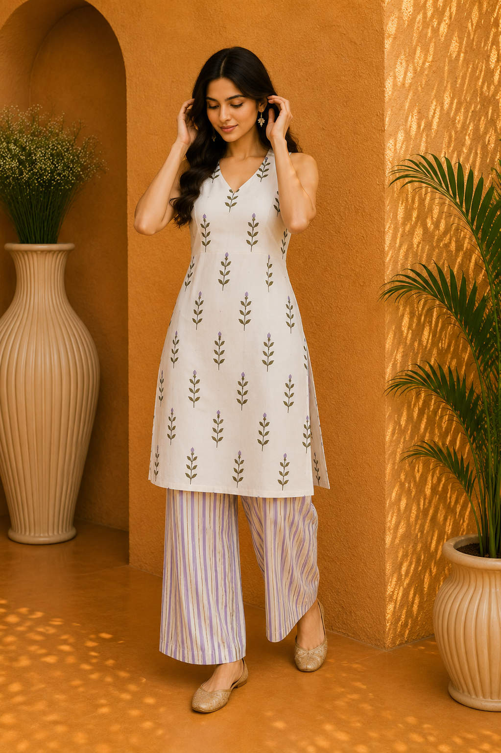 Printed Cotton Halter Neck Kurta & Striped Wide Leg Palazzo Set – Lavender Meadow