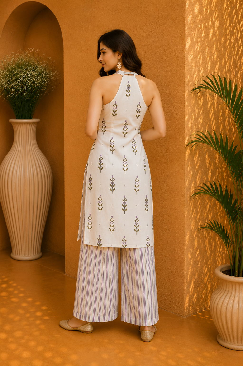 Printed Cotton Halter Neck Kurta & Striped Wide Leg Palazzo Set – Lavender Meadow