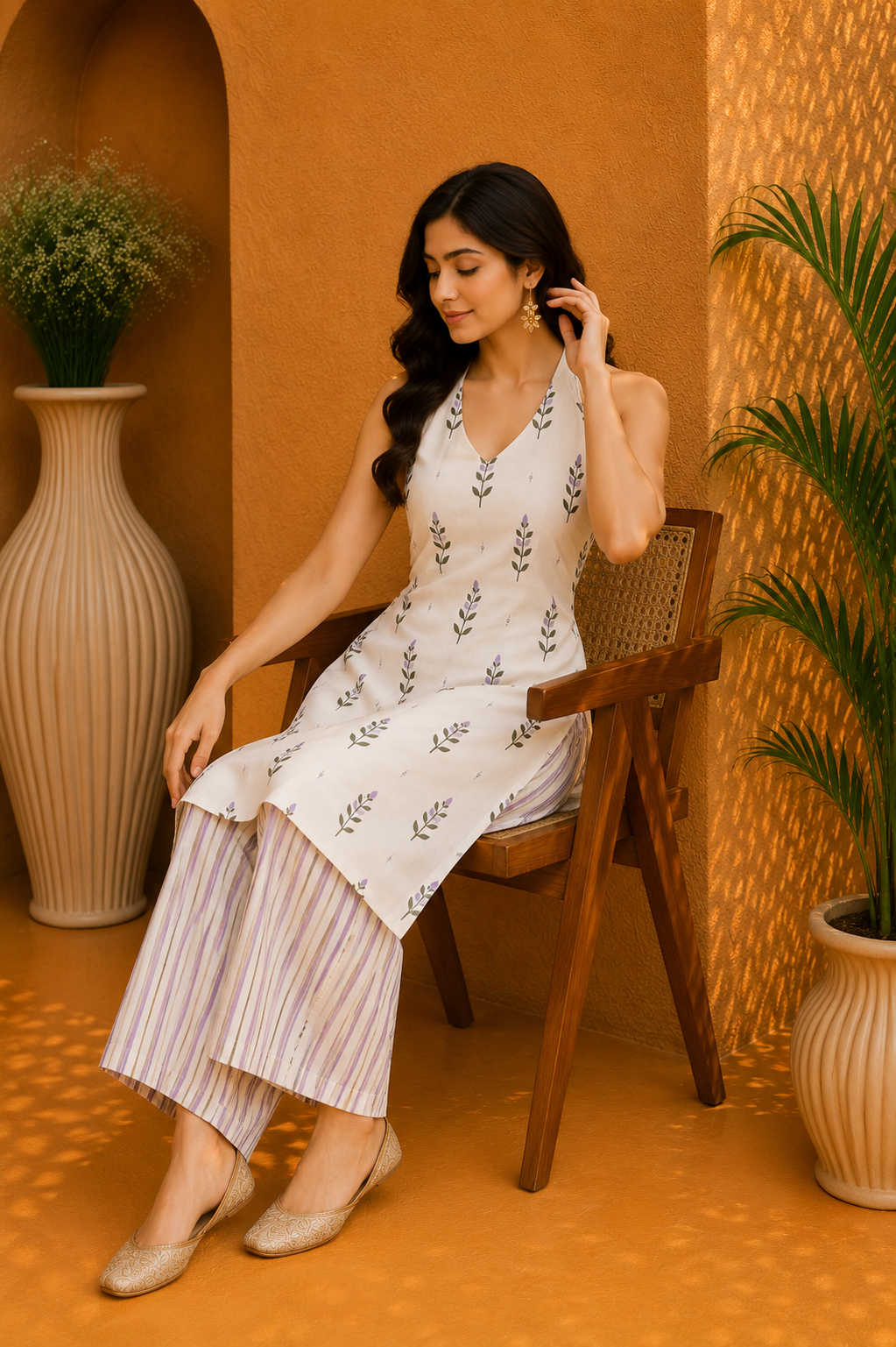 Printed Cotton Halter Neck Kurta & Striped Wide Leg Palazzo Set – Lavender Meadow