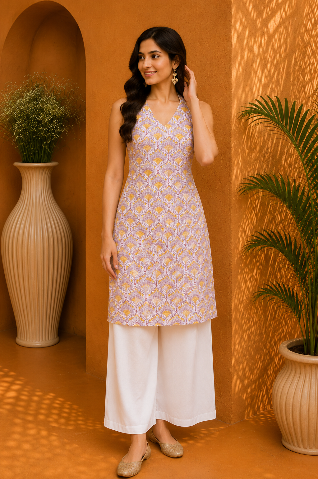 Printed Cotton Halter Neck Kurta & Straight Palazzo Set – Golden Lavender